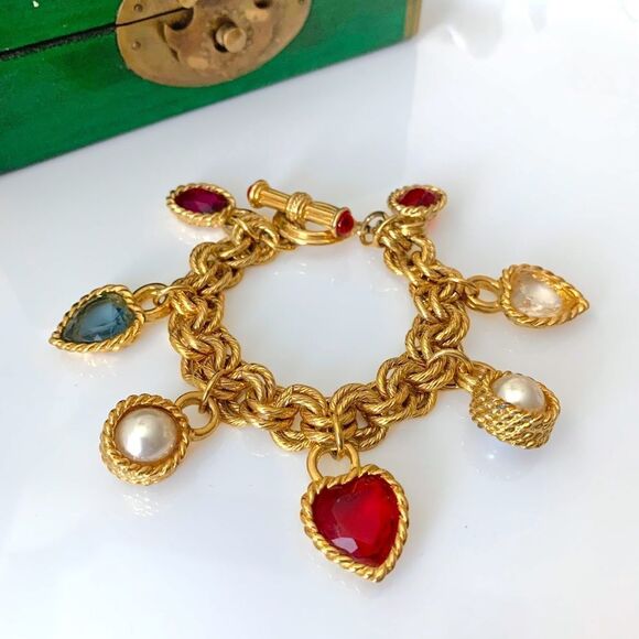 Vintage Givenchy Gripoix Gold Heart Charm Bracelet
